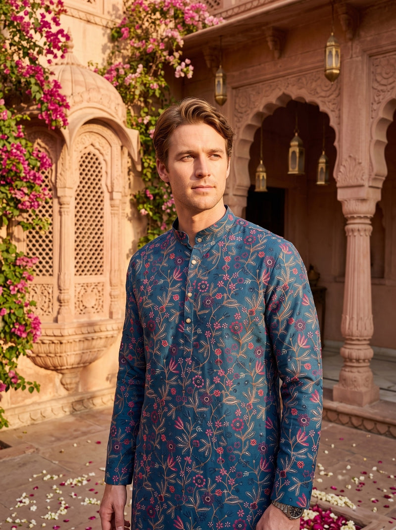 Men’s Teal Blue All-Over Floral Embroidered Cotton Blend Kurta 4