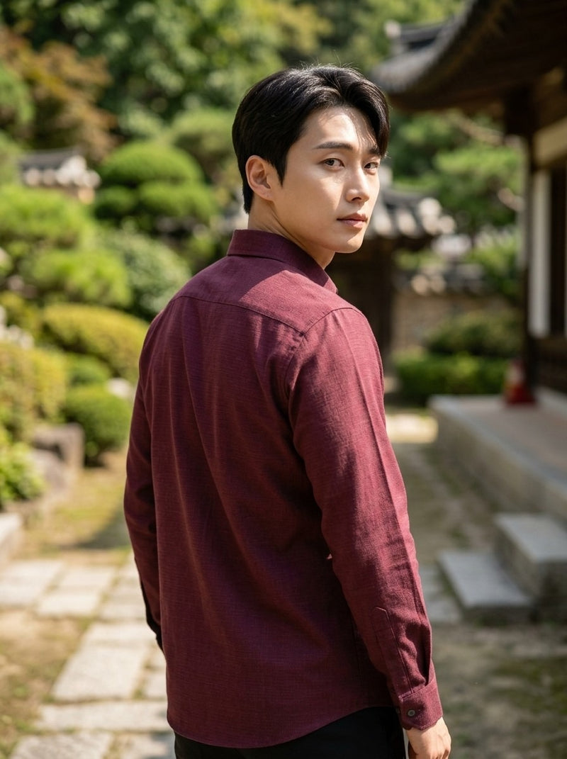Men's Burgundy Solid Cotton-Linen Full-Sleeve Shirt 3
