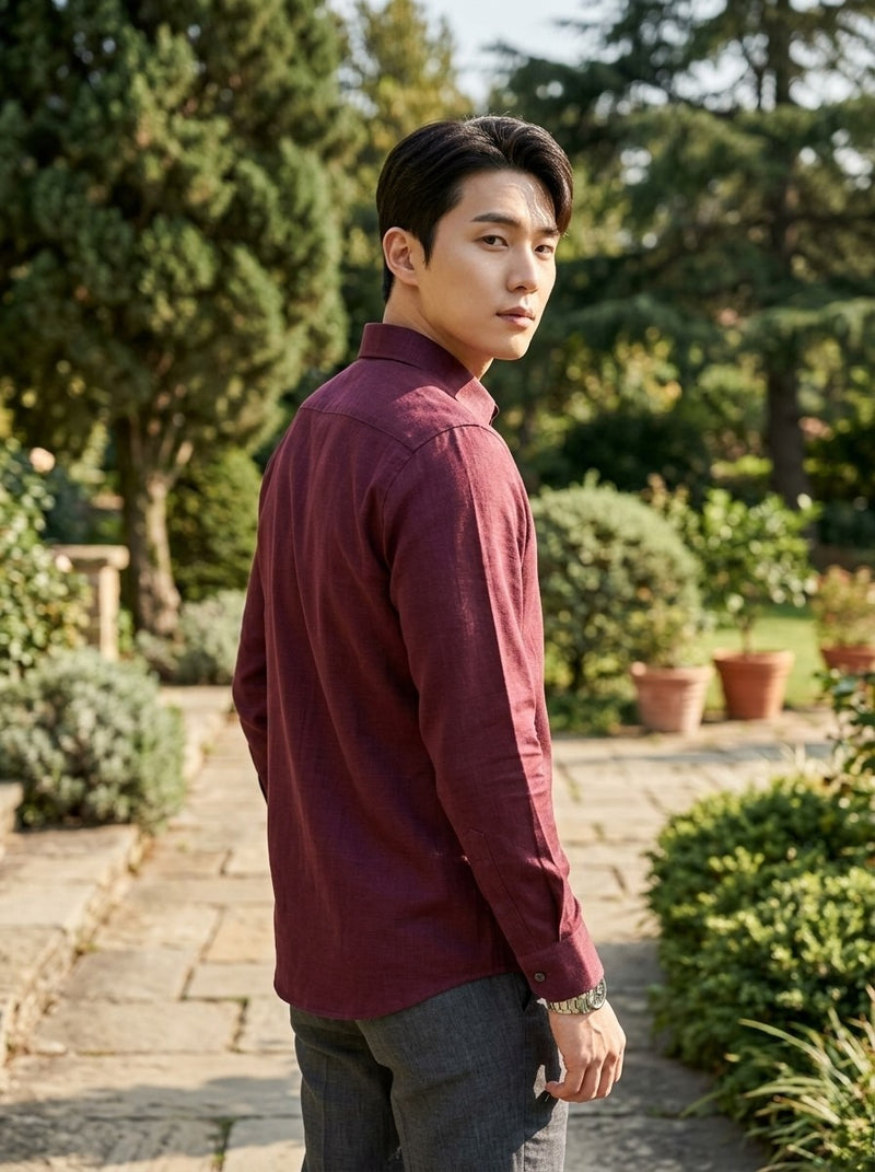 Men's Burgundy Solid Cotton-Linen Full-Sleeve Shirt 8