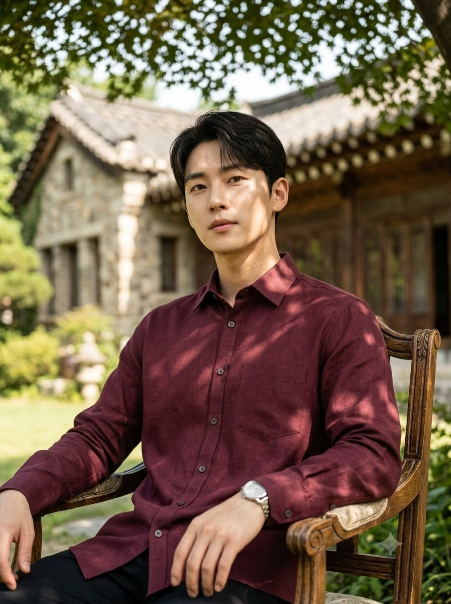 TRYBUY.IN TB_21190 burgundy cotton-linen shirt, seated front view showing the button placket, chest pocket and buttoned cuffs.