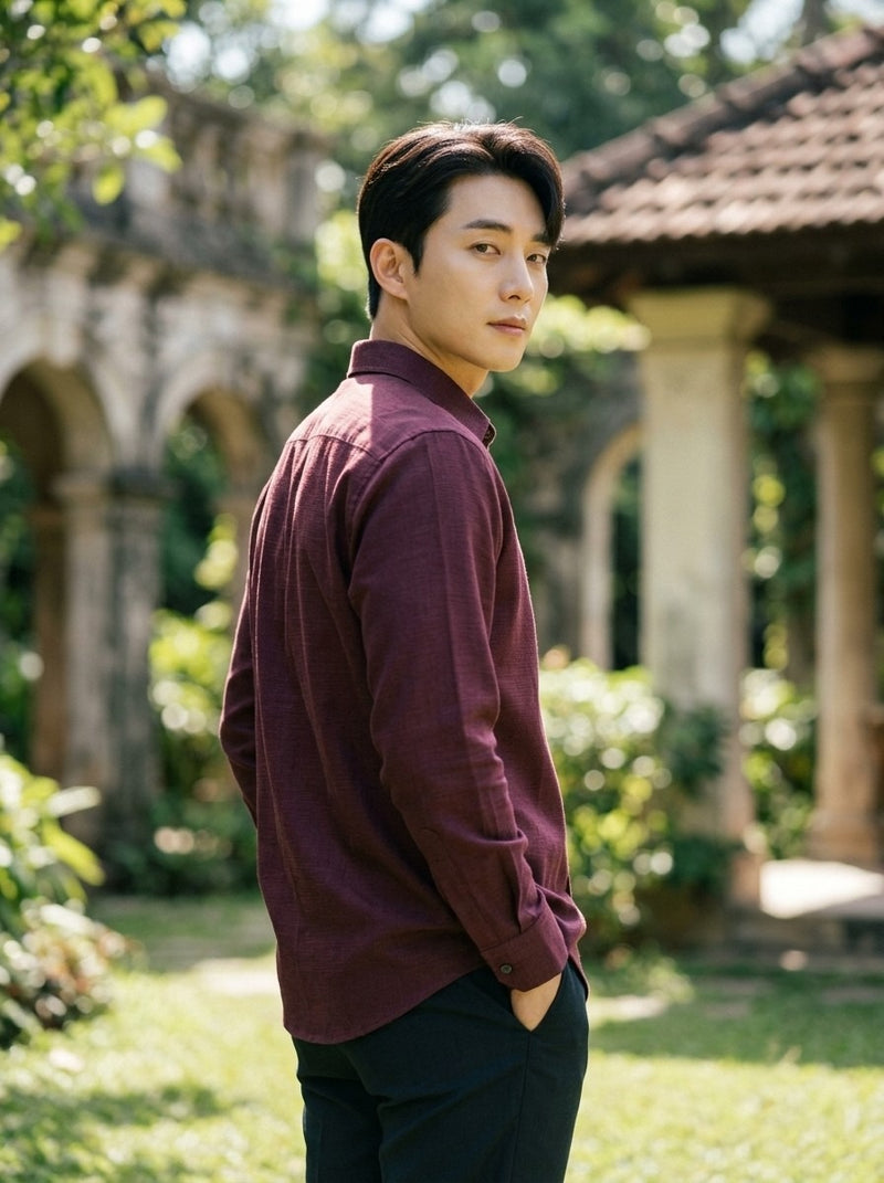 Men's Burgundy Solid Cotton-Linen Full-Sleeve Shirt 4