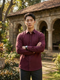 Men's Burgundy Solid Cotton-Linen Full-Sleeve Shirt