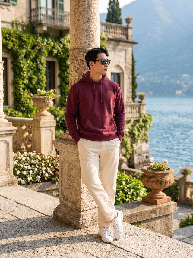 
Men's maroon cotton pullover hoodie, full-length leaning front view
