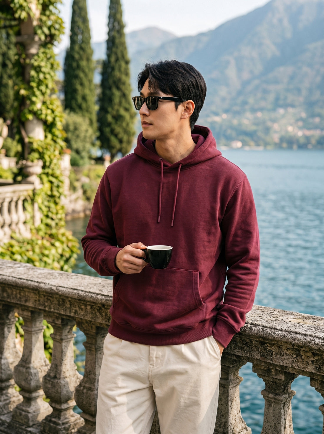 
Men's maroon cotton pullover hoodie, front mid-length lifestyle view
