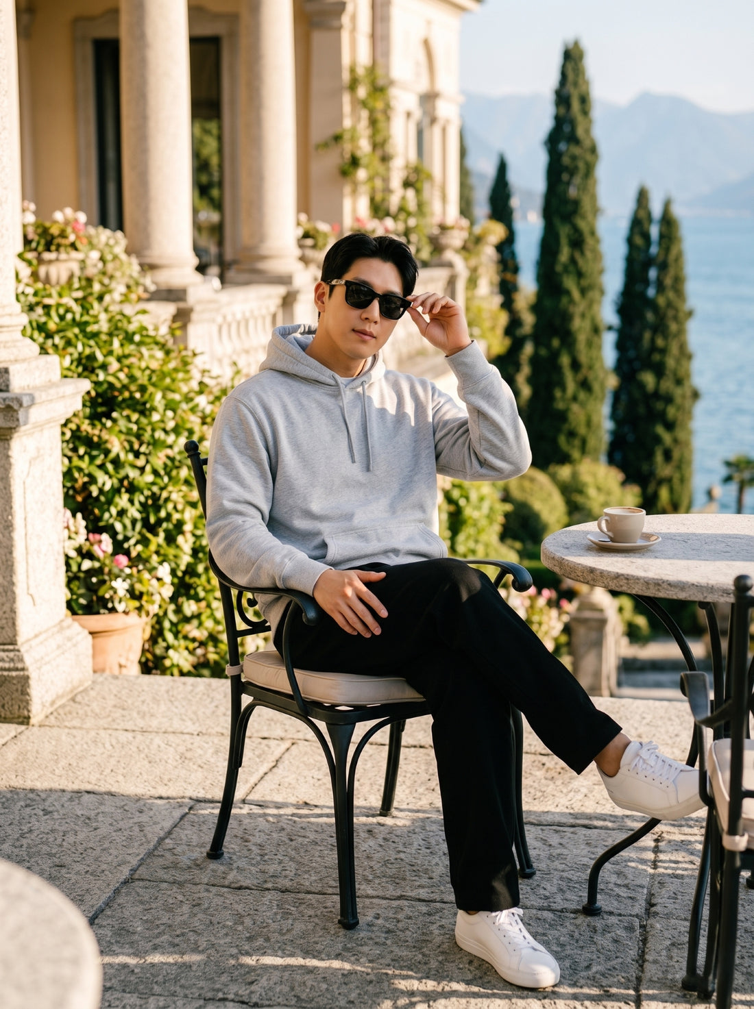 
Men's light grey cotton pullover hoodie, seated front lifestyle view
