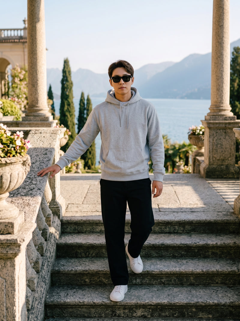 Men's Light Grey Marl 100% Cotton Pullover Hoodie 6