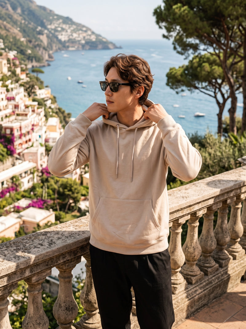 Men's Beige 100% Cotton Pullover Hoodie 7