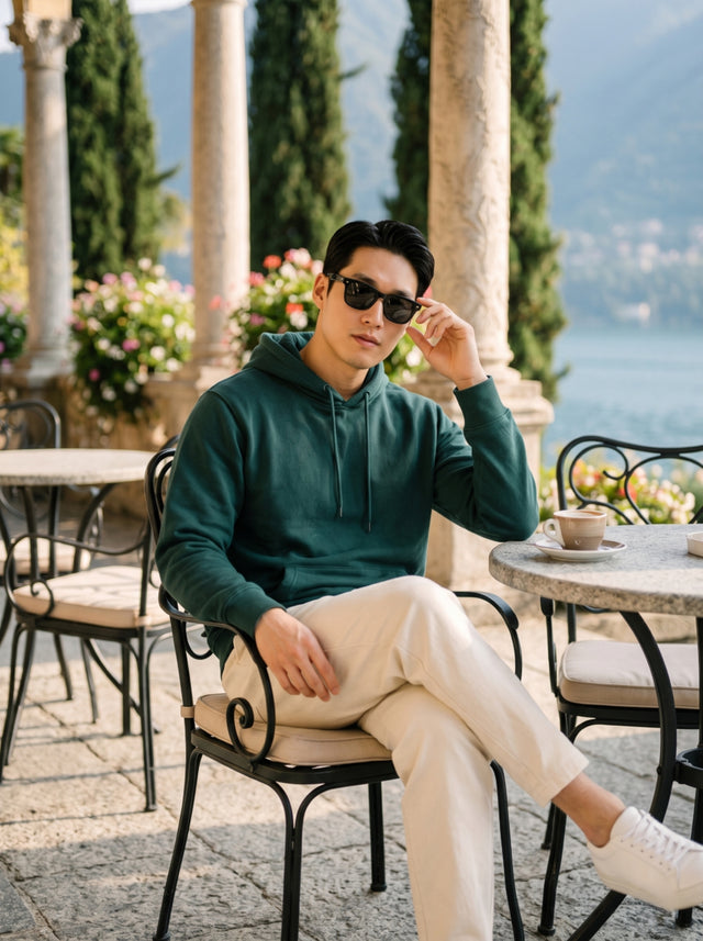 
Men's forest green cotton pullover hoodie, seated front lifestyle view
