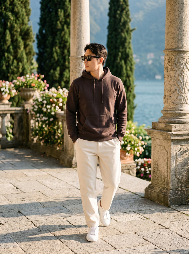 
Men's chocolate brown cotton pullover hoodie, full-length front lifestyle view
