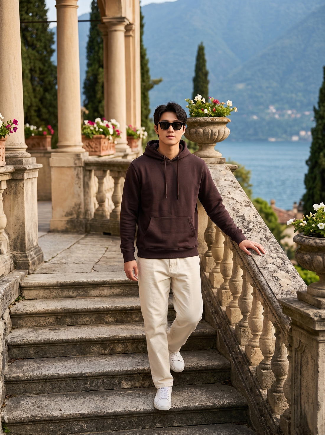 
Men's chocolate brown cotton pullover hoodie, full-length front stairway view
