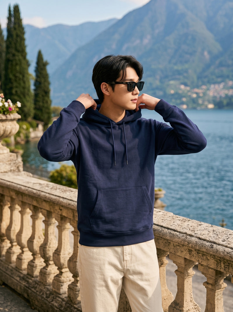 Men's Navy Blue 100% Cotton Pullover Hoodie 7