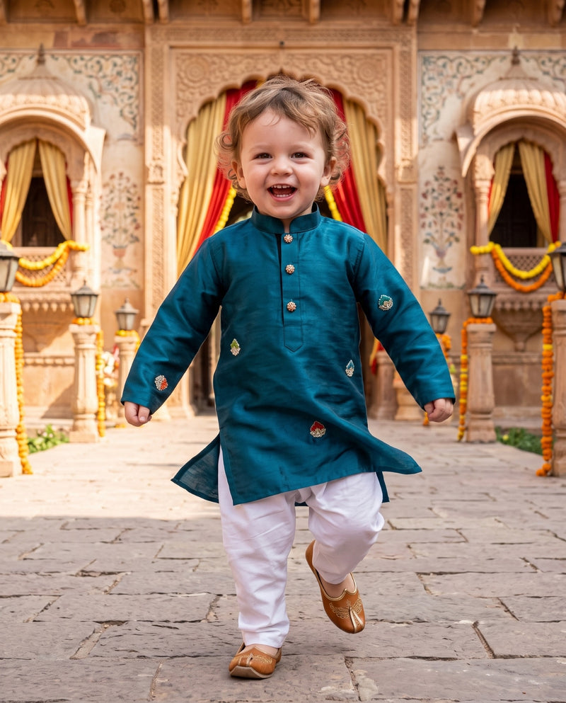 Boys Teal Blue Embroidered Kurta – 2–3 Years 9