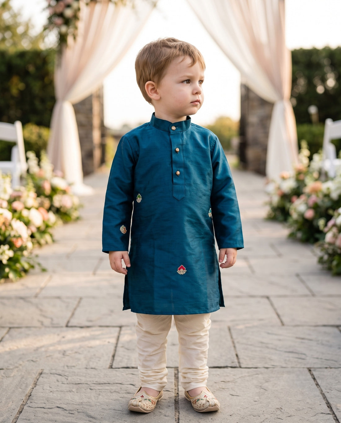 Front view of TB_973_KID boys kurta showing decorative buttons and scattered floral embroidery