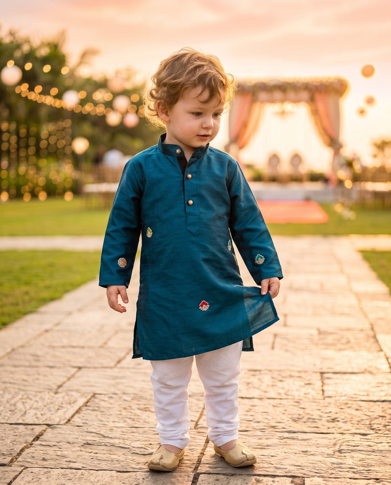 Boys Teal Blue Embroidered Kurta – 2–3 Years 7