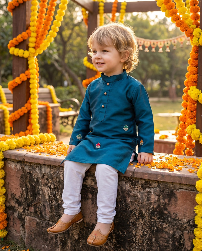 Boys Teal Blue Embroidered Kurta – 2–3 Years 6