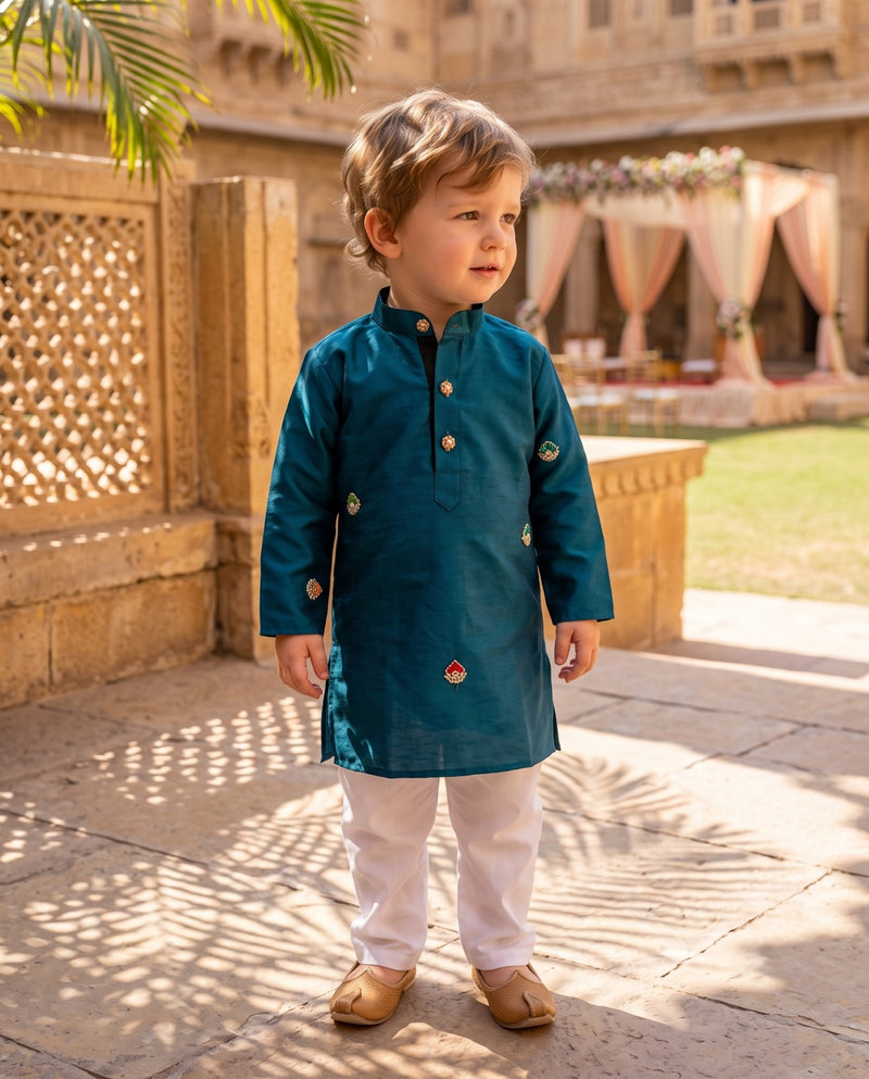 Boys Teal Blue Embroidered Kurta – 2–3 Years 10