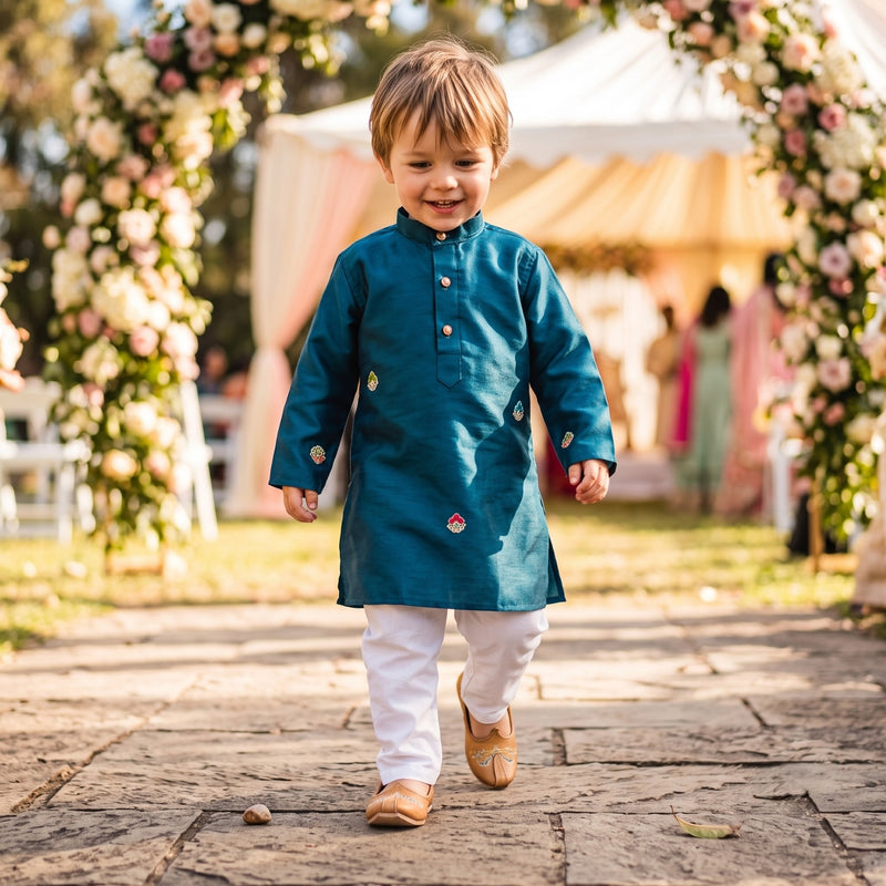Boys Teal Blue Embroidered Kurta – 2–3 Years 5