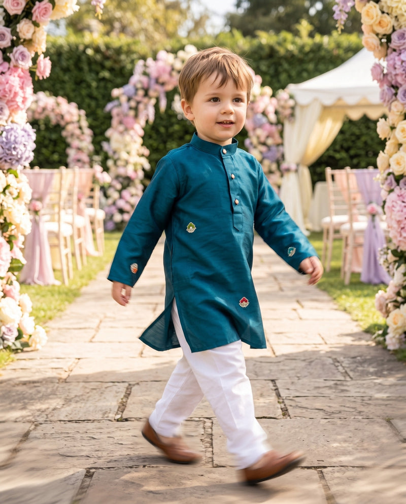 Boys Teal Blue Embroidered Kurta – 2–3 Years 4