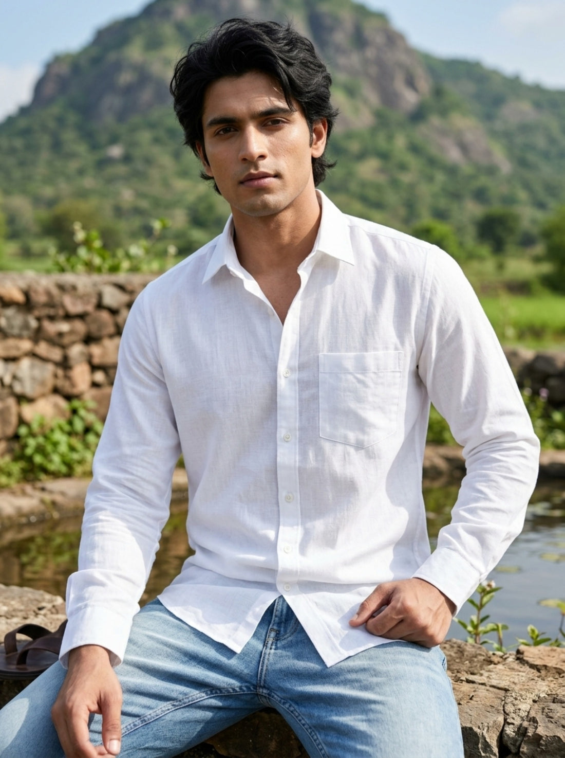
TryBuy white linen men's shirt front chest pocket and buttons seated portrait
