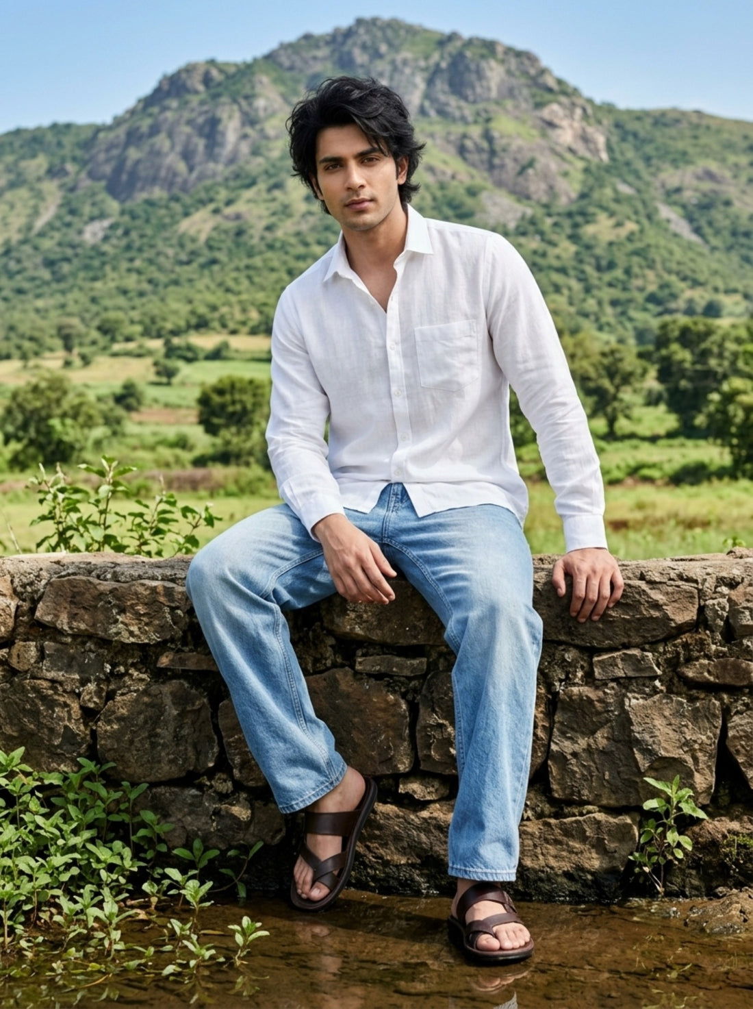 
TryBuy white linen full sleeve men's shirt seated on mountain overlook
