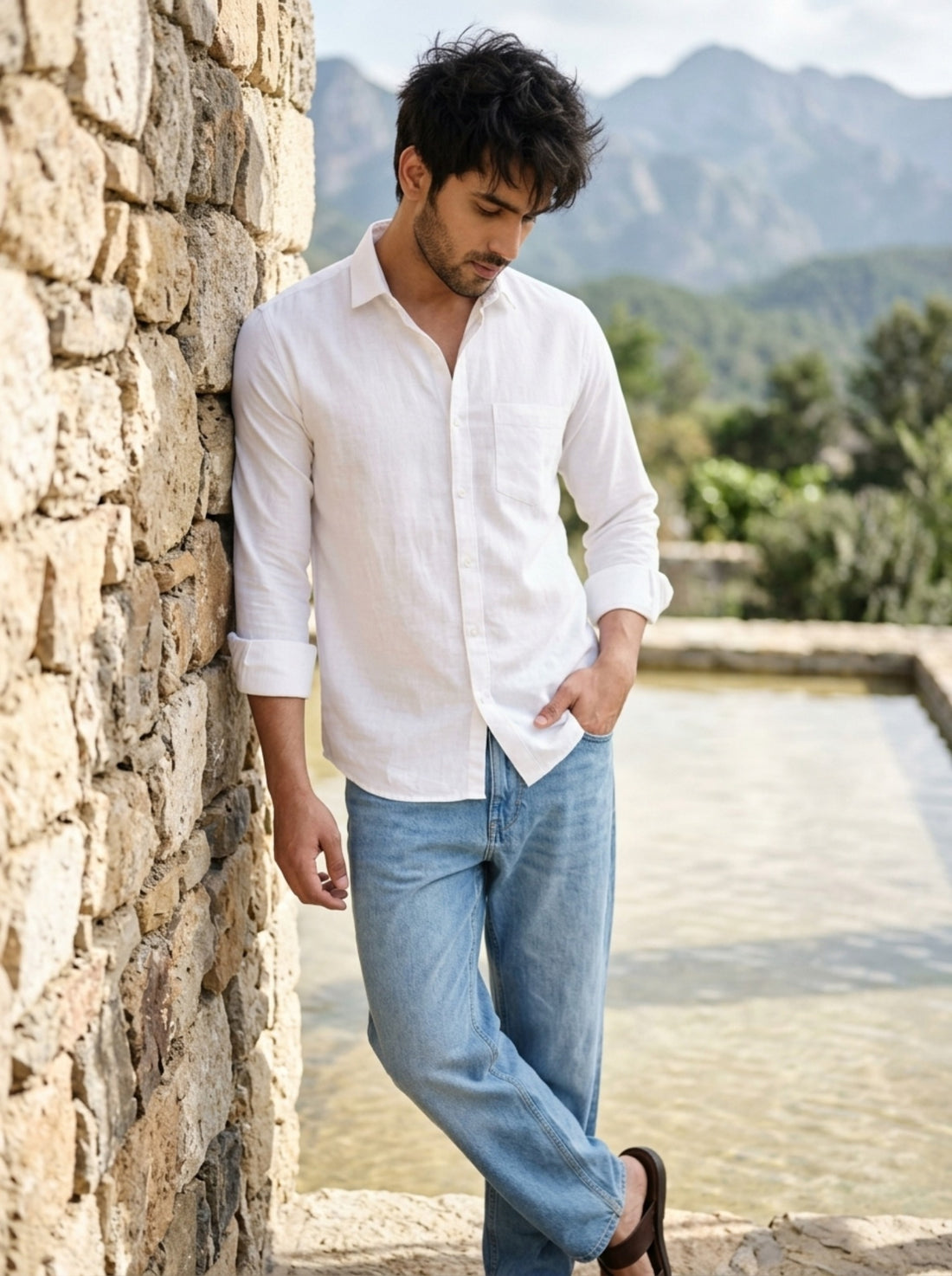 
TryBuy men white linen shirt styled with light blue jeans at stone wall
