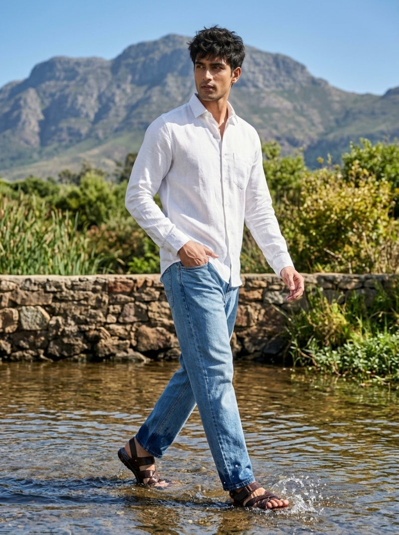 TryBuy Men's Solid White Linen Shirt – Full Sleeve Button-Down 4