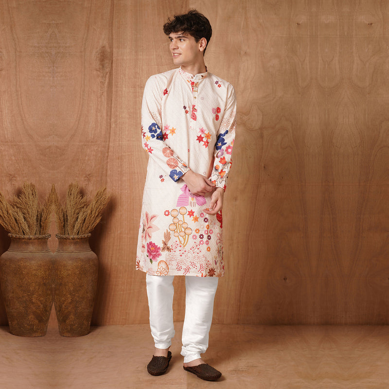 Men’s Beige Multicolor Floral Printed Kurta 5