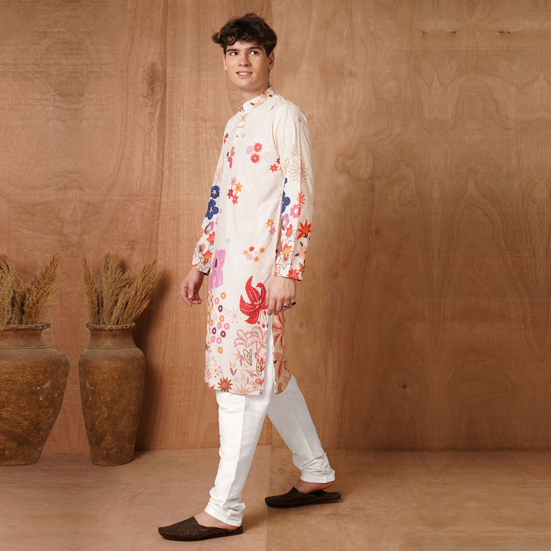 Men’s Beige Multicolor Floral Printed Kurta 4