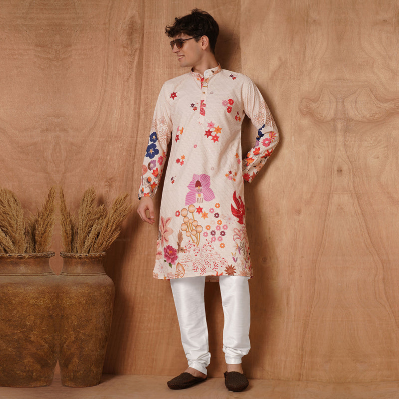 Men’s Beige Multicolor Floral Printed Kurta 3
