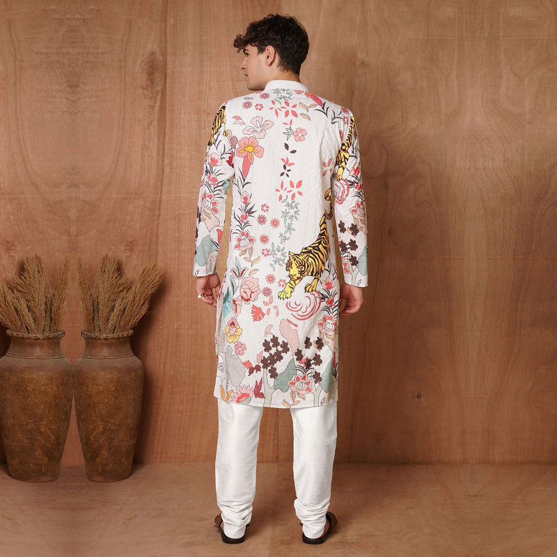 Men’s White Tiger & Floral Printed Kurta 3