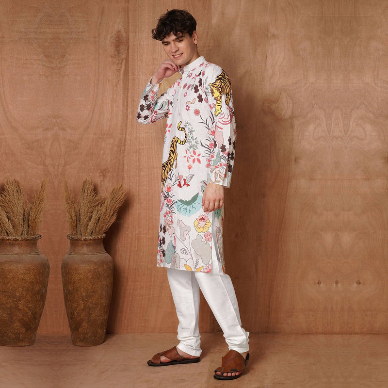 Men’s White Tiger & Floral Printed Kurta 7