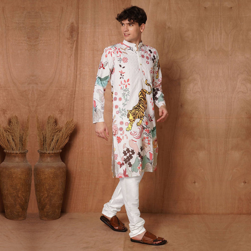 Men’s White Tiger & Floral Printed Kurta 6