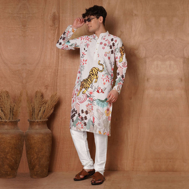 Men’s White Tiger & Floral Printed Kurta 4