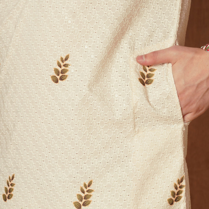 Men’s Cream Chikankari Harvest Print Kurta 2
