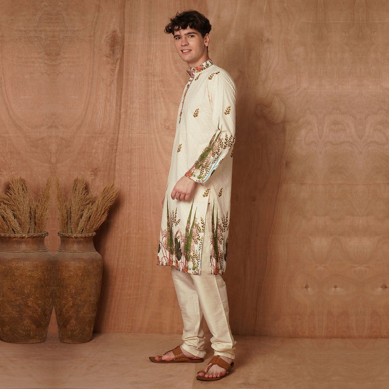Men’s Cream Chikankari Harvest Print Kurta 8