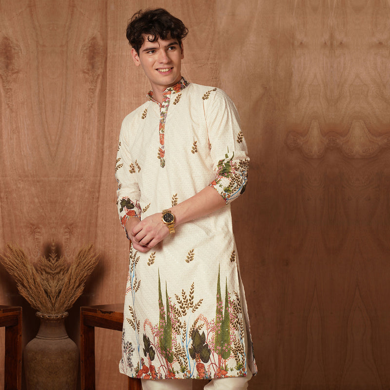 Men’s Cream Chikankari Harvest Print Kurta 3