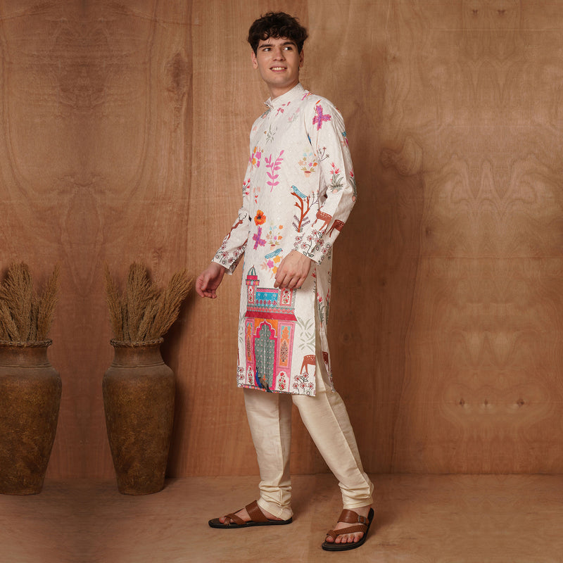 Men’s Cream Chikankari Mughal Print Cotton Kurta 5