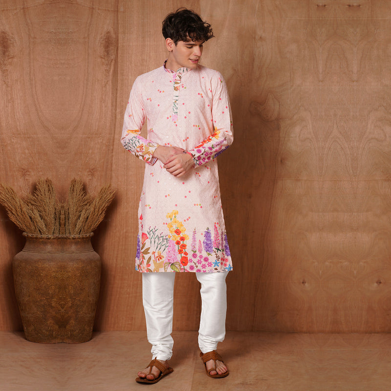 Men’s Pastel Pink Botanical Floral Kurta 3