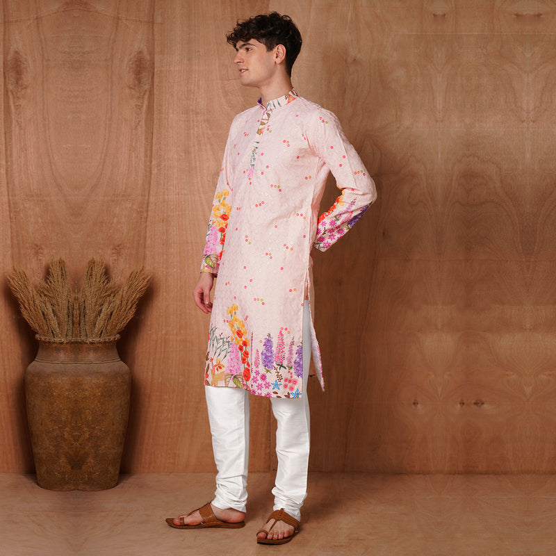 Men’s Pastel Pink Botanical Floral Kurta 5
