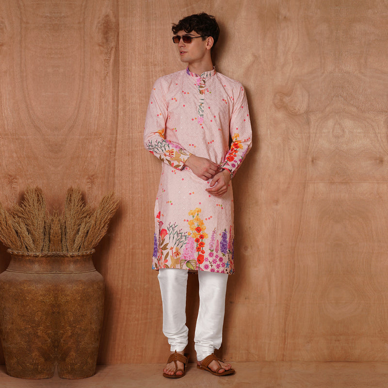 Men’s Pastel Pink Botanical Floral Kurta 8