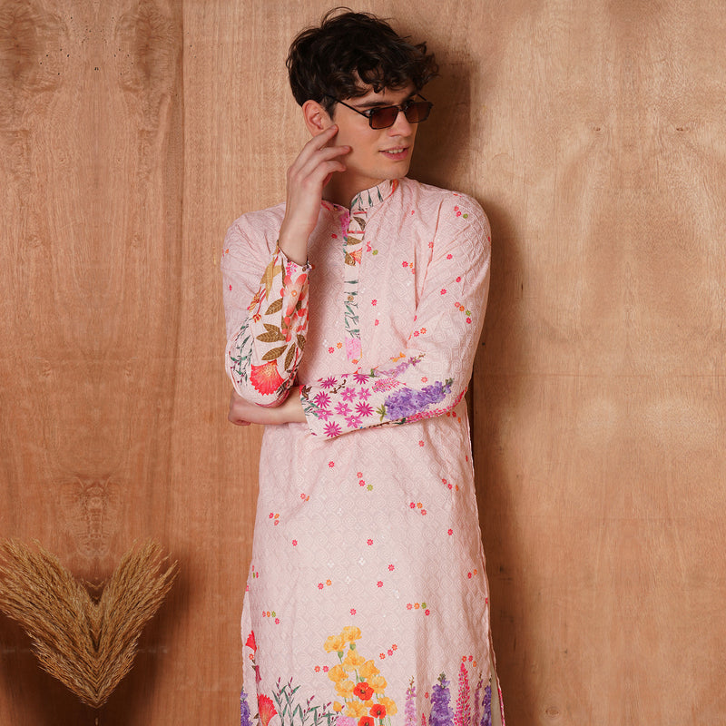 Men’s Pastel Pink Botanical Floral Kurta 1