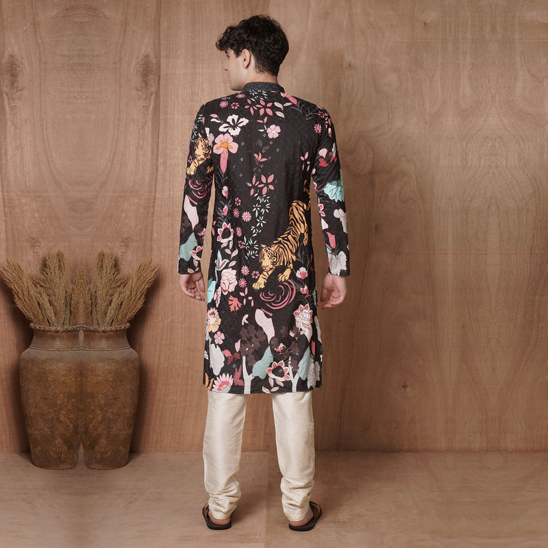 Men’s Black Tiger & Floral Printed Kurta 4