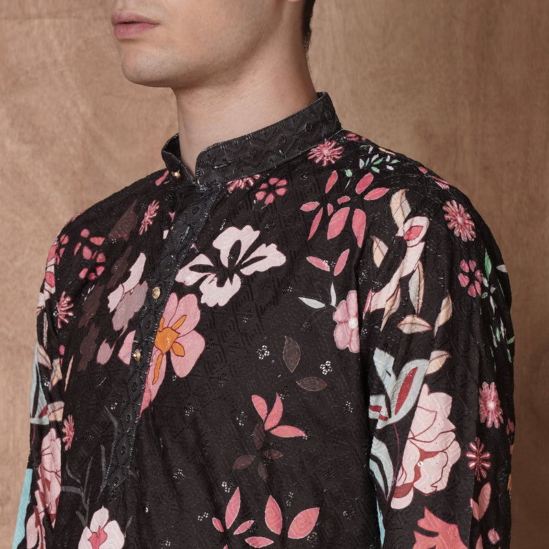 Men’s Black Tiger & Floral Printed Kurta 6