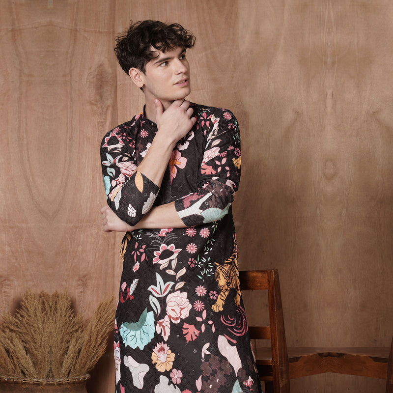 Men’s Black Tiger & Floral Printed Kurta 2