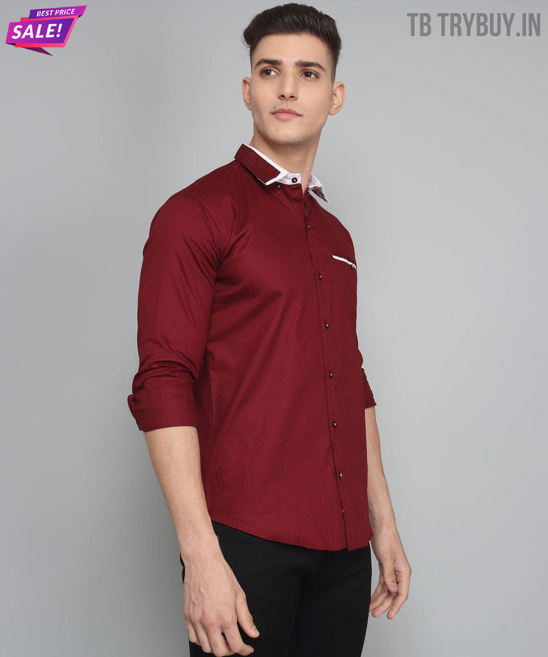 Maroon Mandarin Collar Cotton Shirt for Men 6