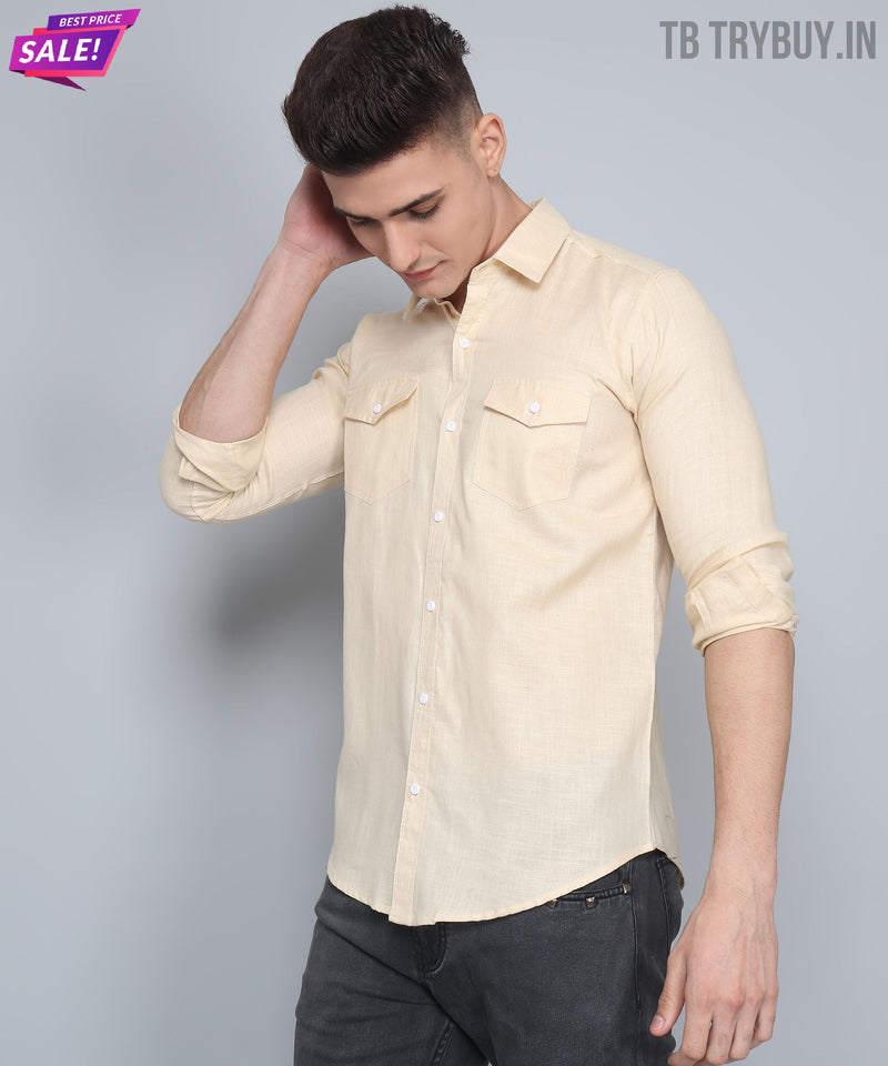 Cream Double Pocket Cotton Linen Shirt for Men - TB_76_TP 6