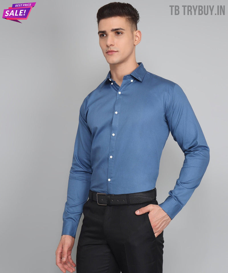 Blue Solid Cotton Shirt for Men 4