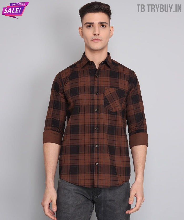 TryBuy Premium Exclusive Brown Black Cotton Checks Shirt للرجال 2