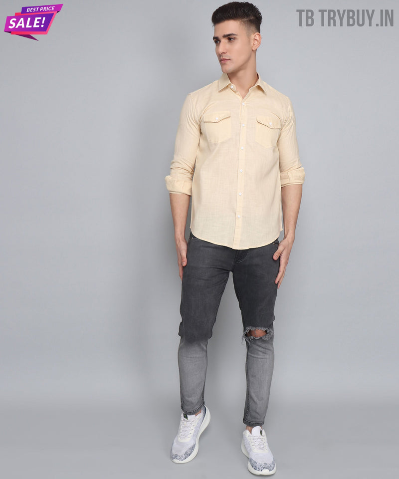 Cream Double Pocket Cotton Linen Shirt for Men - TB_76_TP 7