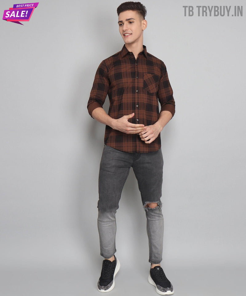 Brown Checked Cotton Shirt for Men 5
